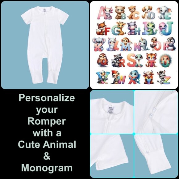 CUTE MONOGRAM-BABY ROMPER-Short Sleeve Double Zipper Cotton White 4-Sizes Unisex - Picture 1 of 12
